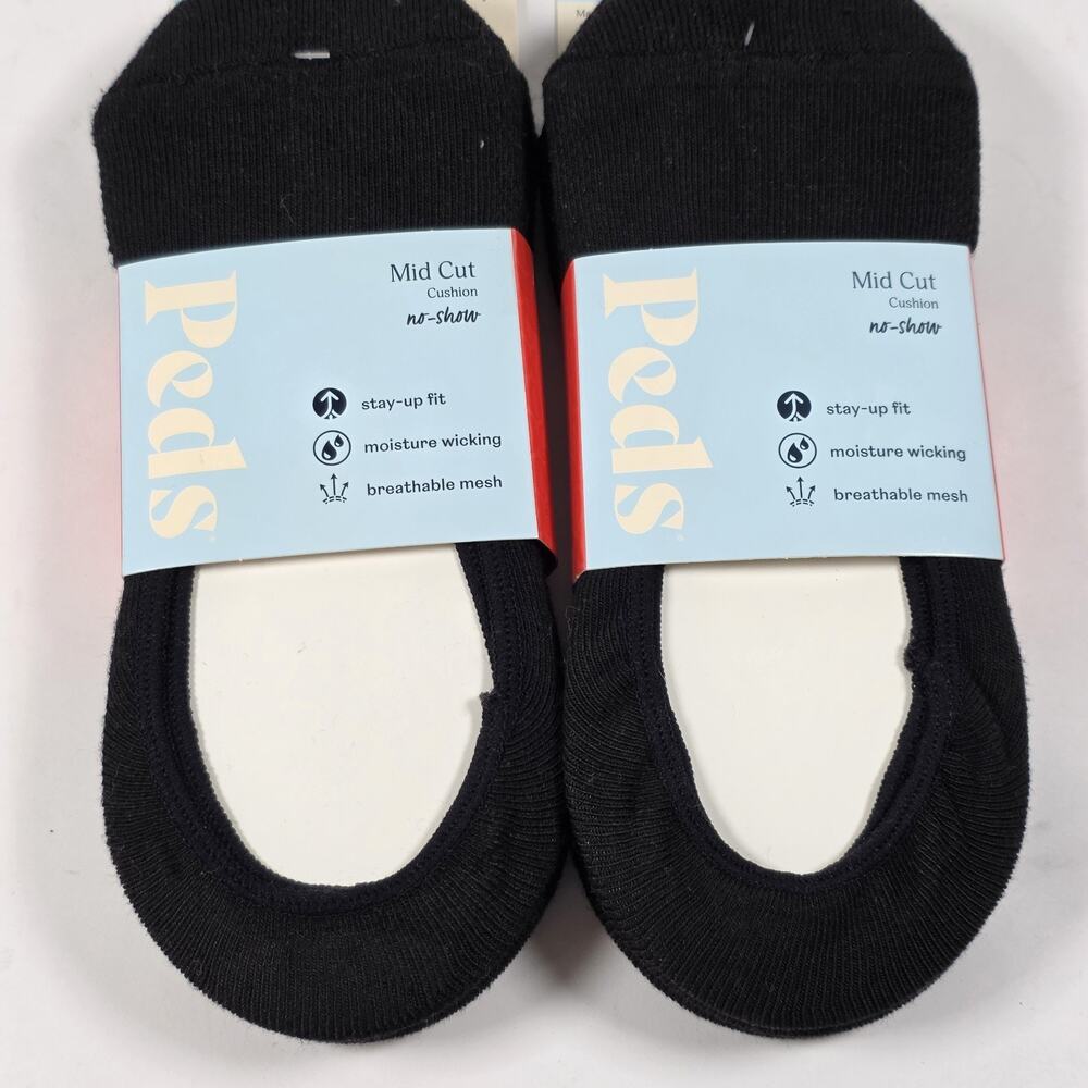 PEDS Black Size 5-10 Mid Cut Cushion No-Show Heal grip Liner Socks-2 Pack 6 pair - Picture 2 of 6